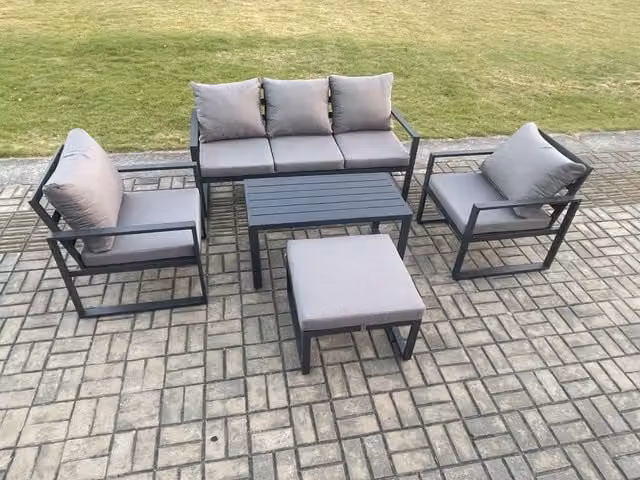 Fimous 6 Seater Powder Coated Aluminium Outdoor Furniture Set in Dark Grey with 3 Seater Sofa, 2 Armchairs, Coffee Table and Ottoman