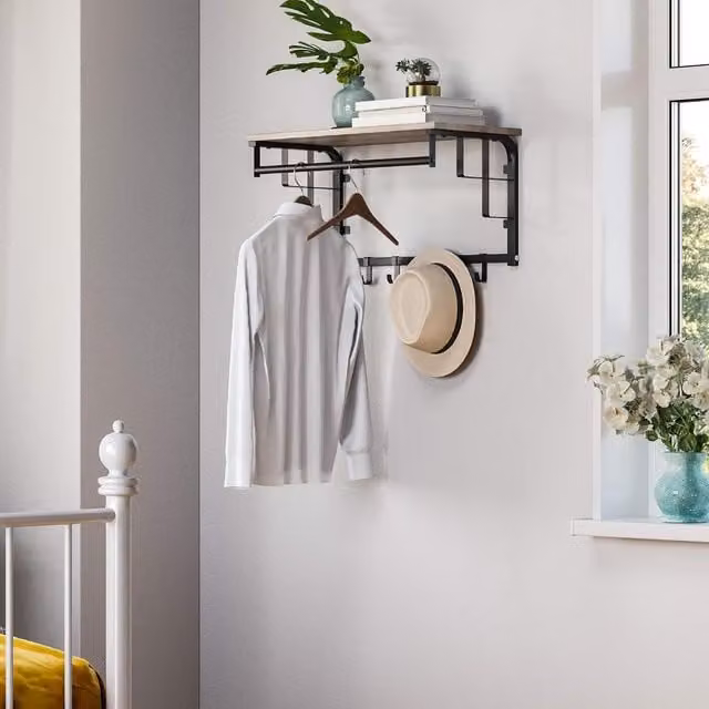 VASAGLE Wall Mounted Coat Rail with Floating Shelf and 5 Removable Hooks in Fawn Brown and Beige – 1
