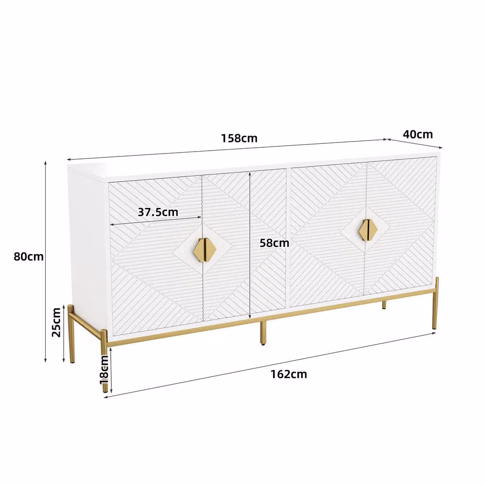 Merax Geometric 4-Door Sideboard in White with Gold Handles and Metal Legs, W: 158 cm – 2