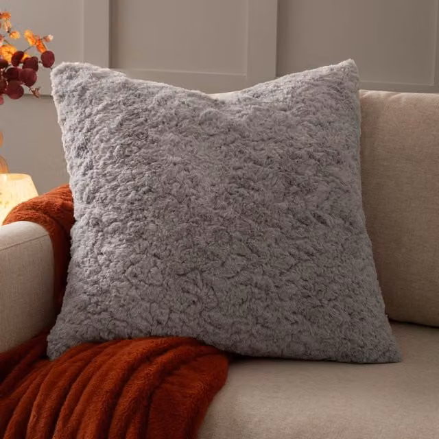 Make it a Home Megeve Faux Fur Square Cushion in Grey with Feather and Polyester Filling
