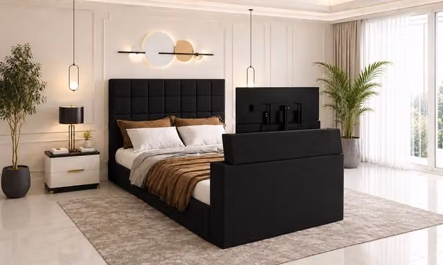 Paradise Beds Ltd Geneva Bespoke Upholstered TV Bed Frame in Black Velvet Fabric