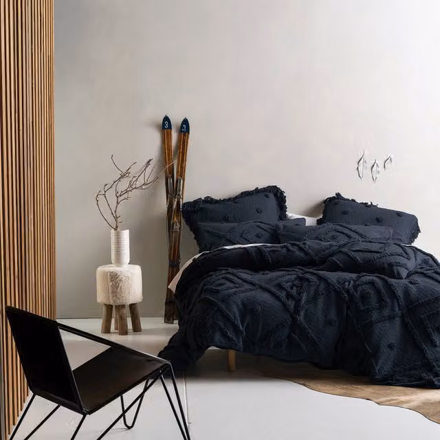 Aztec Tufted Cotton Duvet Cover and Pillowcase Set in Blue, W: 90 cm x L: 200 cm