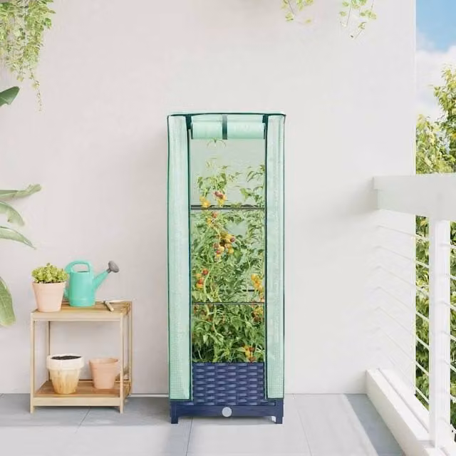 Berkfield Home Raised Bed with Greenhouse Cover in Blue Rattan Look, W/D/H: 40 x 40 x 123 cm