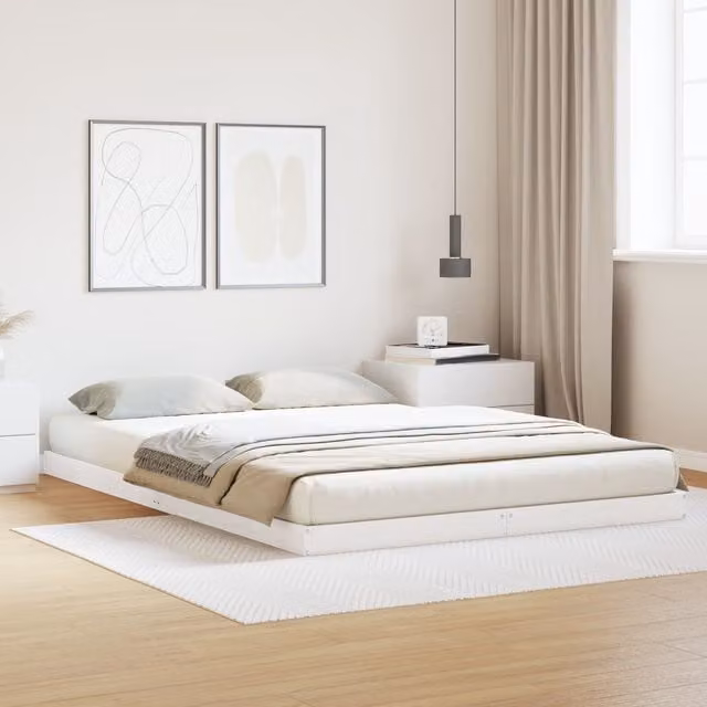Berkfield Home Solid Wood Pine Floor Bed Frame, White, W: 140 cm, D: 220 cm