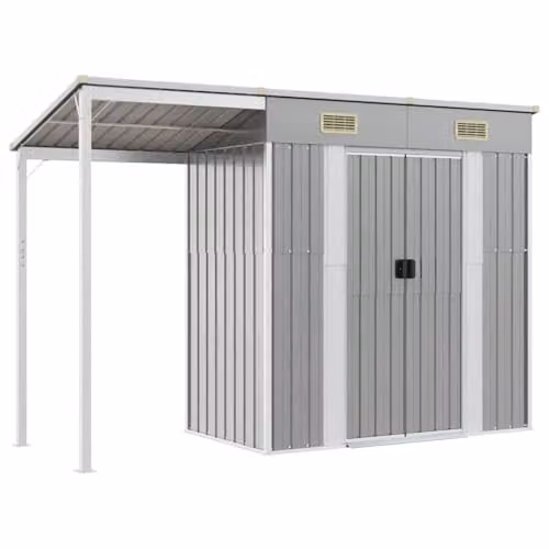vidaXL Steel Garden Shed with Extended Roof in Light Grey, W: 277 cm, D: 107 cm, H: 181 cm