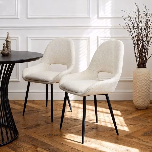 Home Garden Direct Pebble Set of 2 Bouclé Fabric Dining Chairs in Light Grey and Cream
