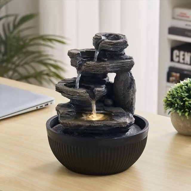 Livingandhome Sedimentary Rock Tabletop Water Feature with LED Light in Grey and Black