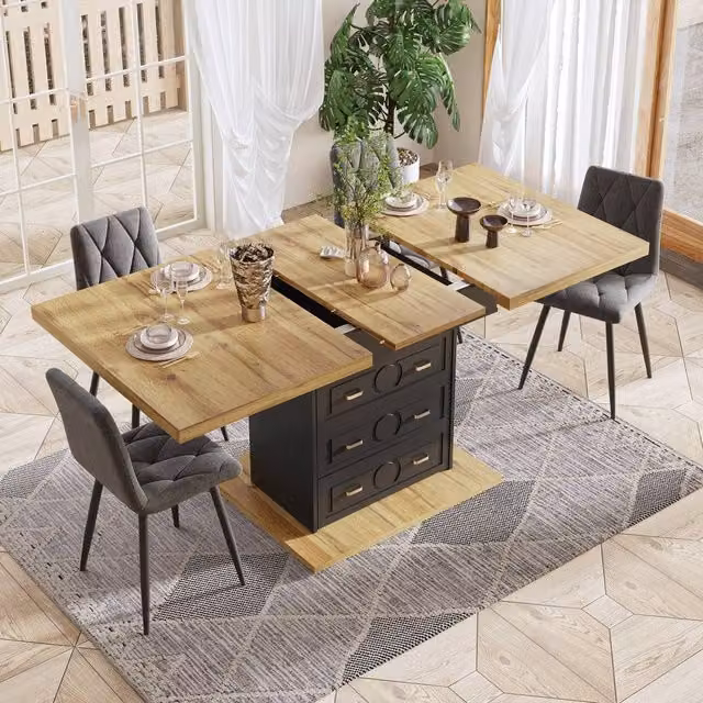 Merax Extendable 4-6 Seater Rectangular Dining Table with Storage Drawer in Brown Light Oak Finish