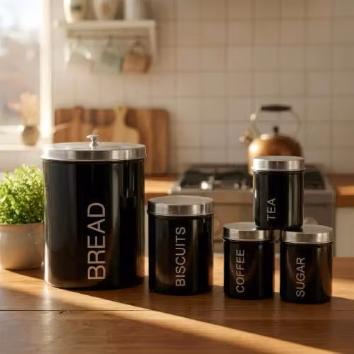 Harbour Housewares 5 Piece Metal Kitchen Canister Set with Airtight Lids in Black – 2
