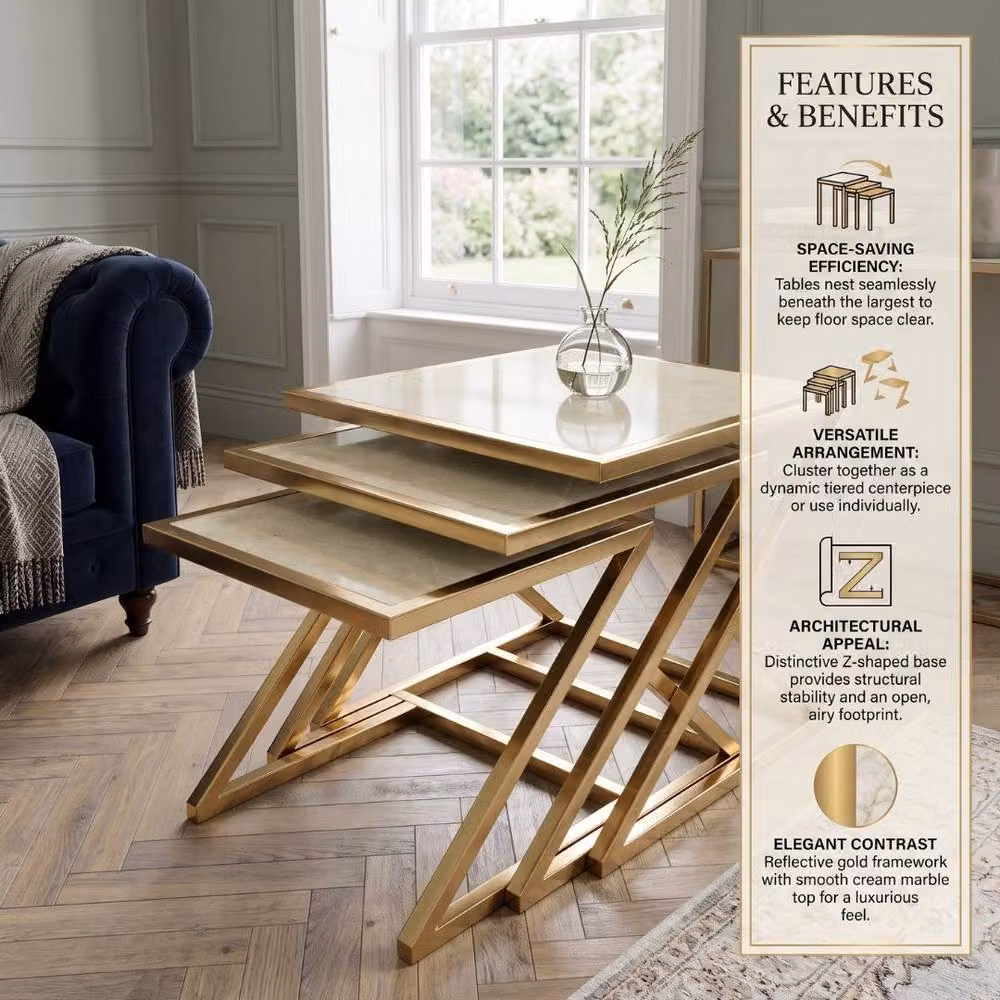 Home Luxe Interior Carra Gold Nest of 3 Tables with Cream Marble Tops and Gold Metal Frames – 5
