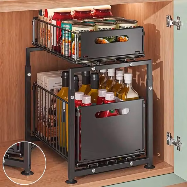 SPETLEK 2 Tier Pull Out Under Sink Kitchen Basket in Black