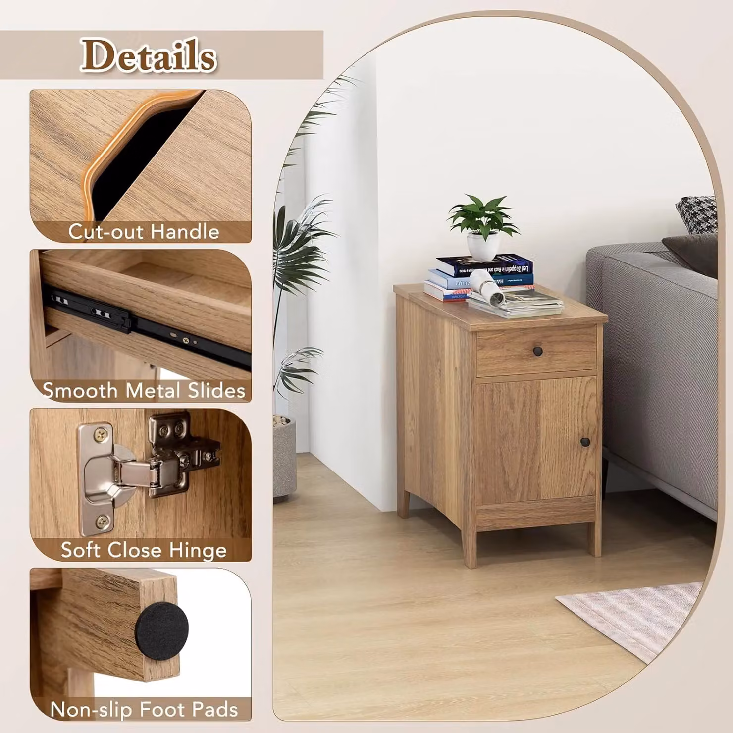 Gymax Modern Narrow Side Table and Nightstand with Drawers and Charging Station in Brown – 5