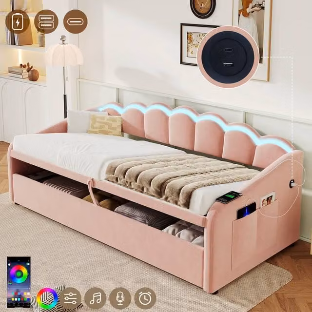 Rolipo Pink Velvet Petal Daybed with Hydraulic Storage, LED Lights and USB Charging Port, W/D/H: 90 x 190 cm – 1