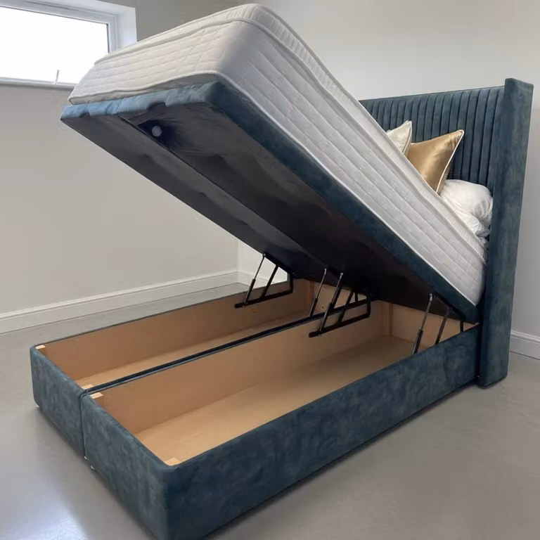 BEDS NK LTD Dior Winged Modern Upholstered Velvet Bed in Blue with Lift Up Base