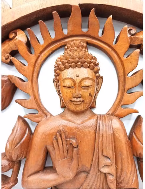 KDMK Hand Carved Buddha Lotus Suar Wood Wall Panel in Brown