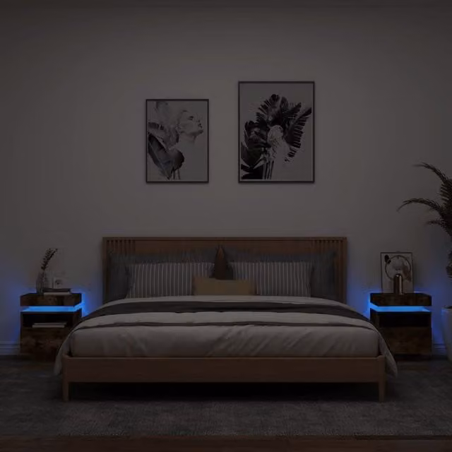 Berkfield Home Set of 2 Bedside Cabinets with Integrated LED Lights in Smoked Oak Brown, W: 40 cm, D: 39 cm, H: 48.5 cm – 1