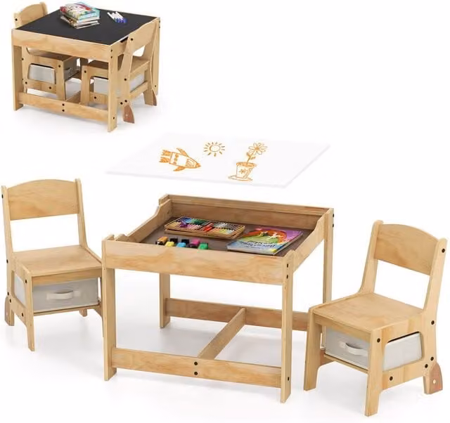 CASART 3 in 1 Kids Wooden Table and Chair Set in Sand for Art, Craft and Drawing