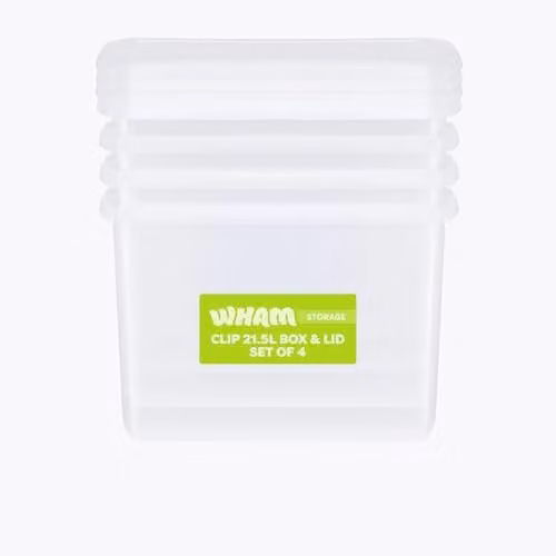 Wham Set of 4 Stackable Plastic Storage Boxes with Lids, 21.5L Each, Transparent – 1