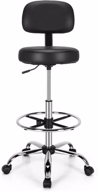 KORVIXA Ergonomic Drafting Chair in Black Faux Leather with Castors and Foot Ring