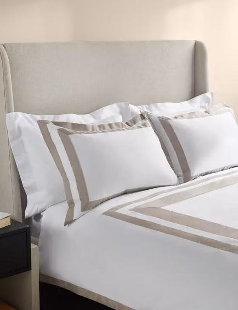 M&S x Kelly Hoppen Pure Cotton Double Border Bedding Set in Beige and White, W: 140 cm x L: 200 cm