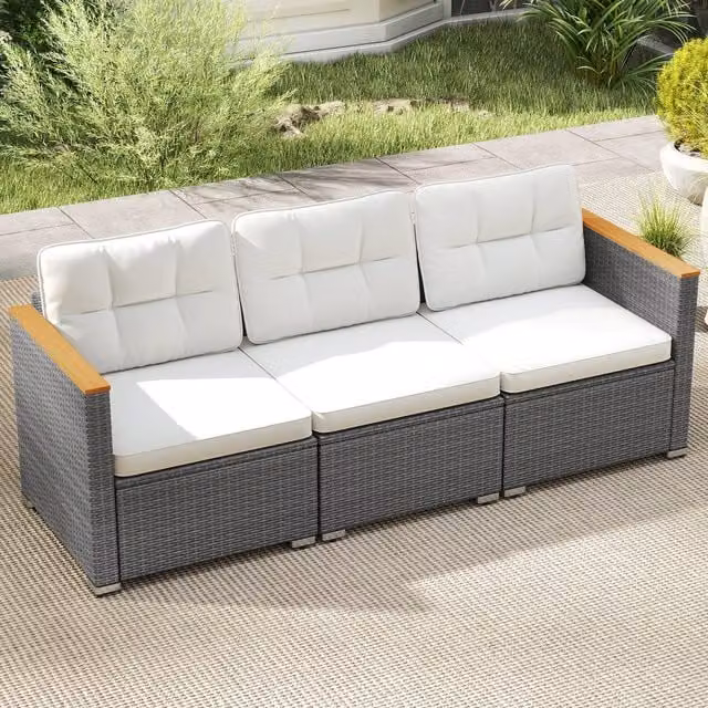 Costway 3-Seat Modern Patio Couch Sofa in White with Acacia Wood and Rattan W: 180 cm, D: 60 cm