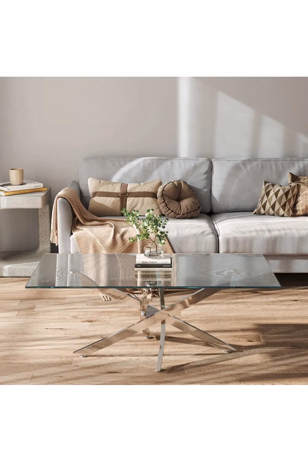 Living and Home Modern Square Coffee and End Table with Transparent Glass Top and Metal X-Frame – 2