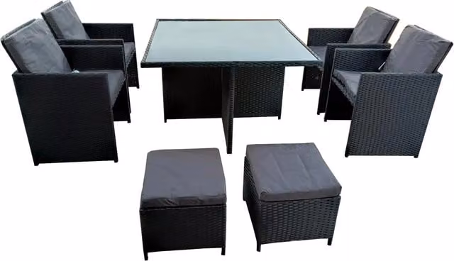 Home Treats 8 Seater Modern Rattan Garden Dining Set with Rectangular Glass Table and Chairs in Black and Grey