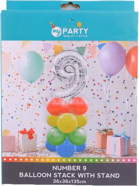 My Party Multicolour Number 9 Balloon Stack with Tabletop Stand for Birthdays