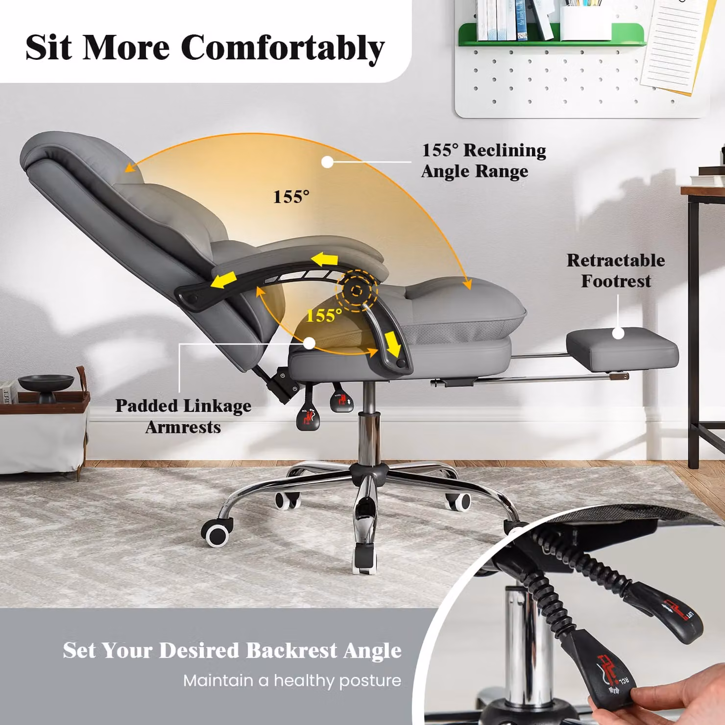 Costway Ergonomic Grey PU Leather Office Chair with Swivel Seat and Headrest – 5