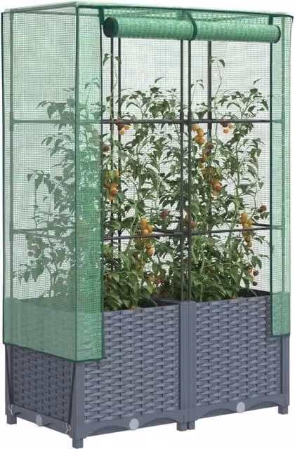 Berkfield Home Raised Bed with Greenhouse Cover in Black Rattan Look, W: 80 cm, D: 40 cm, H: 138 cm