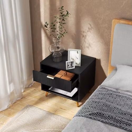 HOMCOM Modern Black Bedside Table with Drawer and Open Compartment – 7