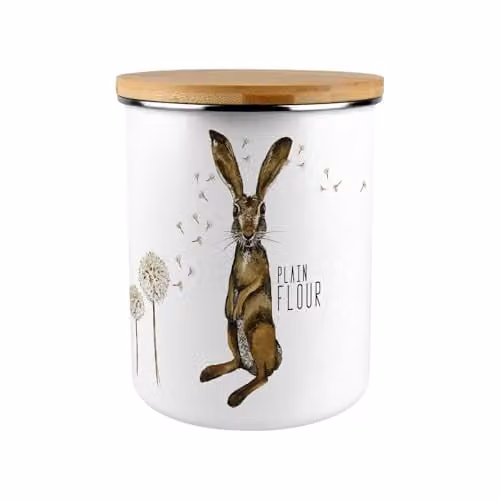 Purely Home Hares & Dandelions Extra Large Enamel Plain Flour Canister in Brown and White with Bamboo Lid