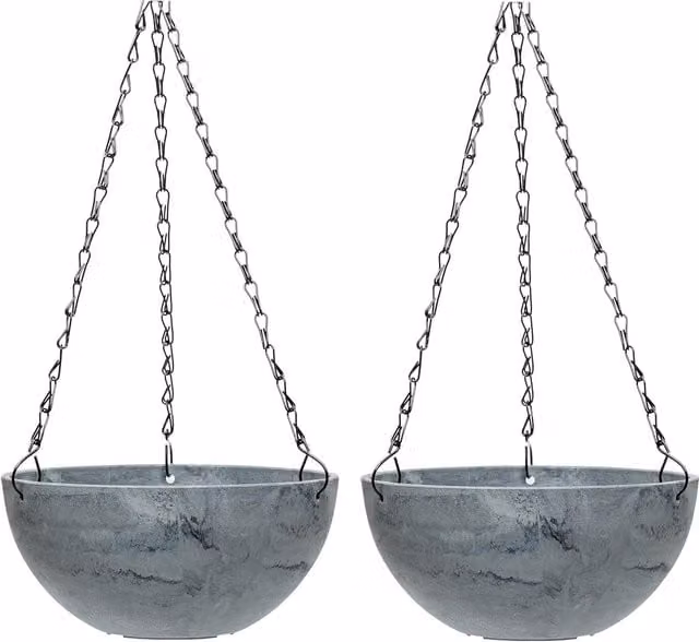Garden Gear Marble Effect Hanging Basket Planter, Grey, Diameter: 25 cm (Pack of 2)