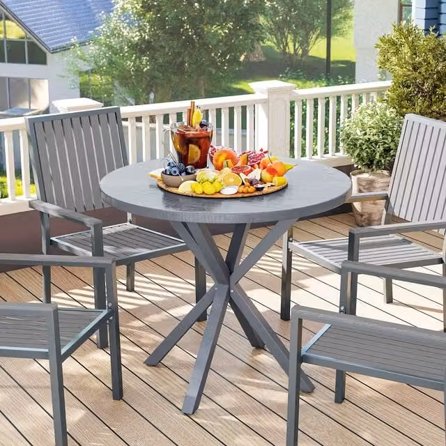 Outsunny Round Wood Garden Table with Powder Coated Steel Frame in Dark Grey
