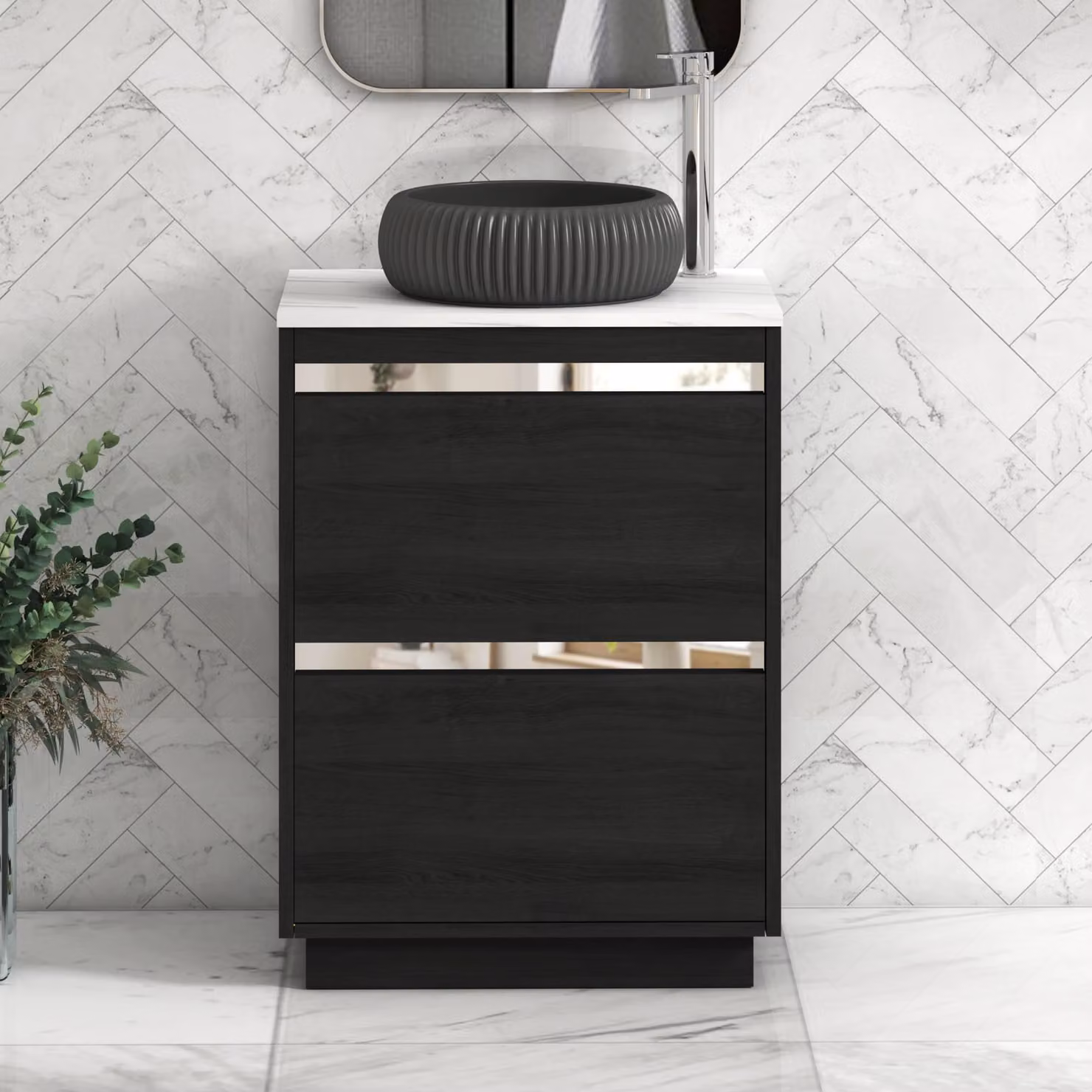 Royal Bathrooms Orion 800mm Hale Black Floor Standing Vanity Unit with Milan Black Basin and Carrara White Countertop, 2 Drawers and Chrome Accent Trim