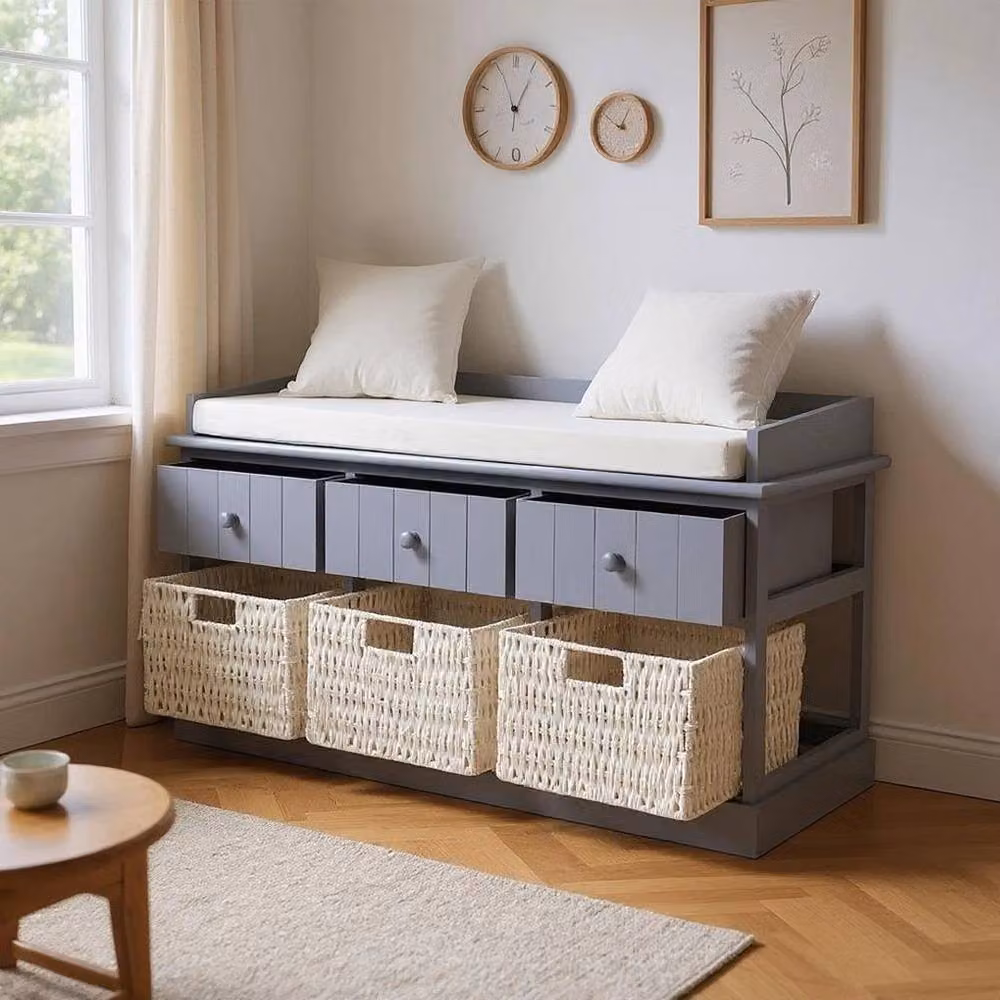 KORVIXA Vintage Storage Window Bench in Grey with 3 Wicker Baskets and 3 Drawers, W/D/H: 100 x 100 cm – 3