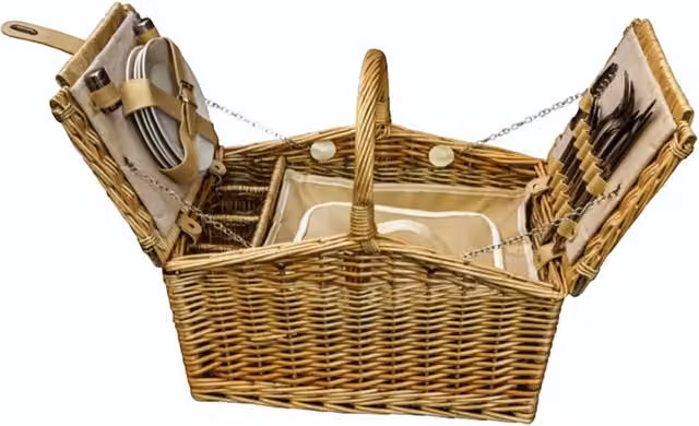 Red Hamper Butterfly Lidded 4 Person Farmhouse Picnic Basket in Brown and Red Wood