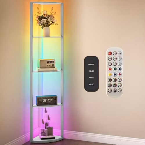 HOMCOM RGB LED Floor Lamp with 4-Tier Shelves in Grey
