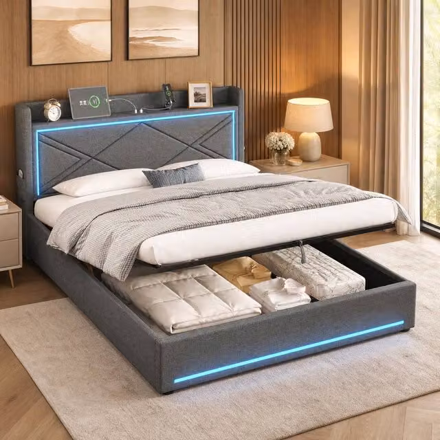 STILVORA King Size Ottoman Bed in Grey Linen with LED Under-Bed Lighting and USB Charging Ports, W/D/H: 180 x 200 x 110 cm – 1