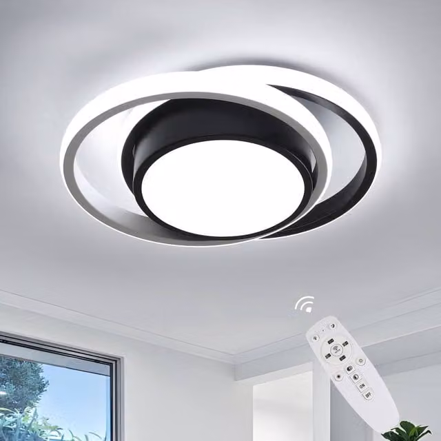 Goeco Modern Double Ring LED Ceiling Light, 32W, Dimmable with Remote Control, Black