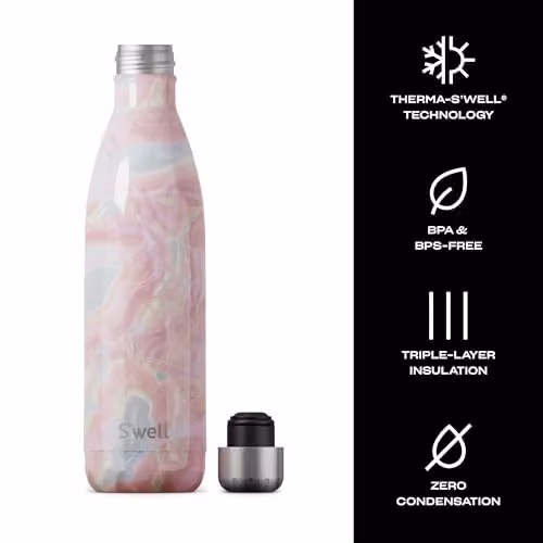 S'well Vacuum Insulated Stainless Steel Water Bottle, 739 ml, Pink and Multicolour Geode Rose – 3
