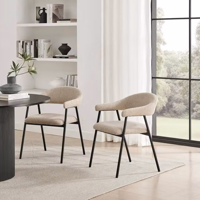 FurnitureboxUK Set of 2 Delos Beige Bouclé Fabric Dining Chairs with Armrests – 1