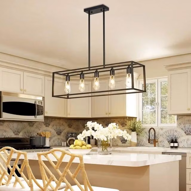 FLAVORA Industrial 5-Light Kitchen Island Chandelier in Black Metal with Glass Shades