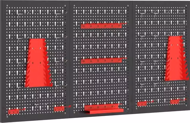 HOMCOM 28-Piece Wall-Mounted Steel Pegboard Garage Tool Storage Unit in Black and Red