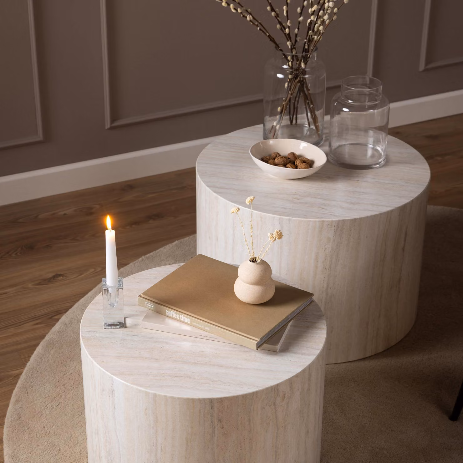 Furniture To Go Dice Round Nested Coffee Table Set in Light Oak – 3