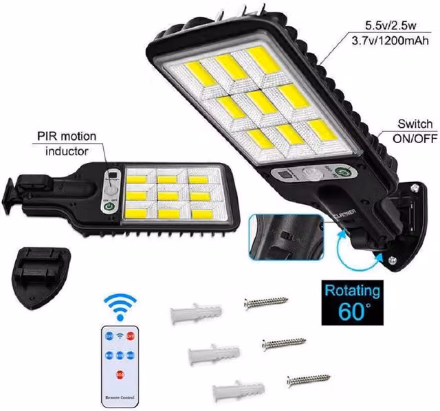 EONLION 6000W LED Solar Street Wall Light with PIR Motion Sensor Security Lamp in Black