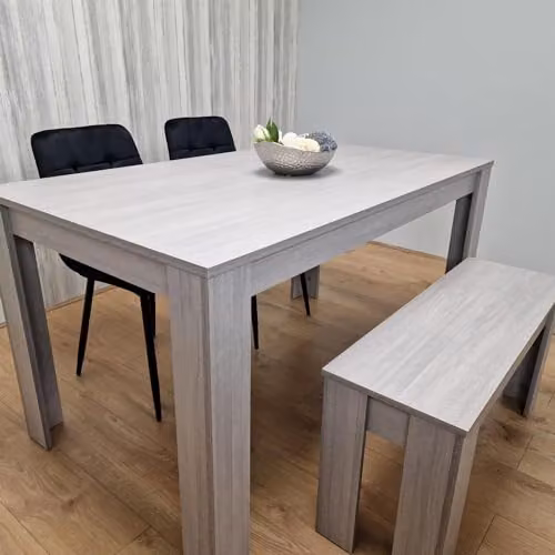 KOSY KOALA Modern Dining Table Set with 2 Black Chairs and Wooden Bench, Grey Wood Effect, W/D/H: 117 x 77 x 75 cm – 2