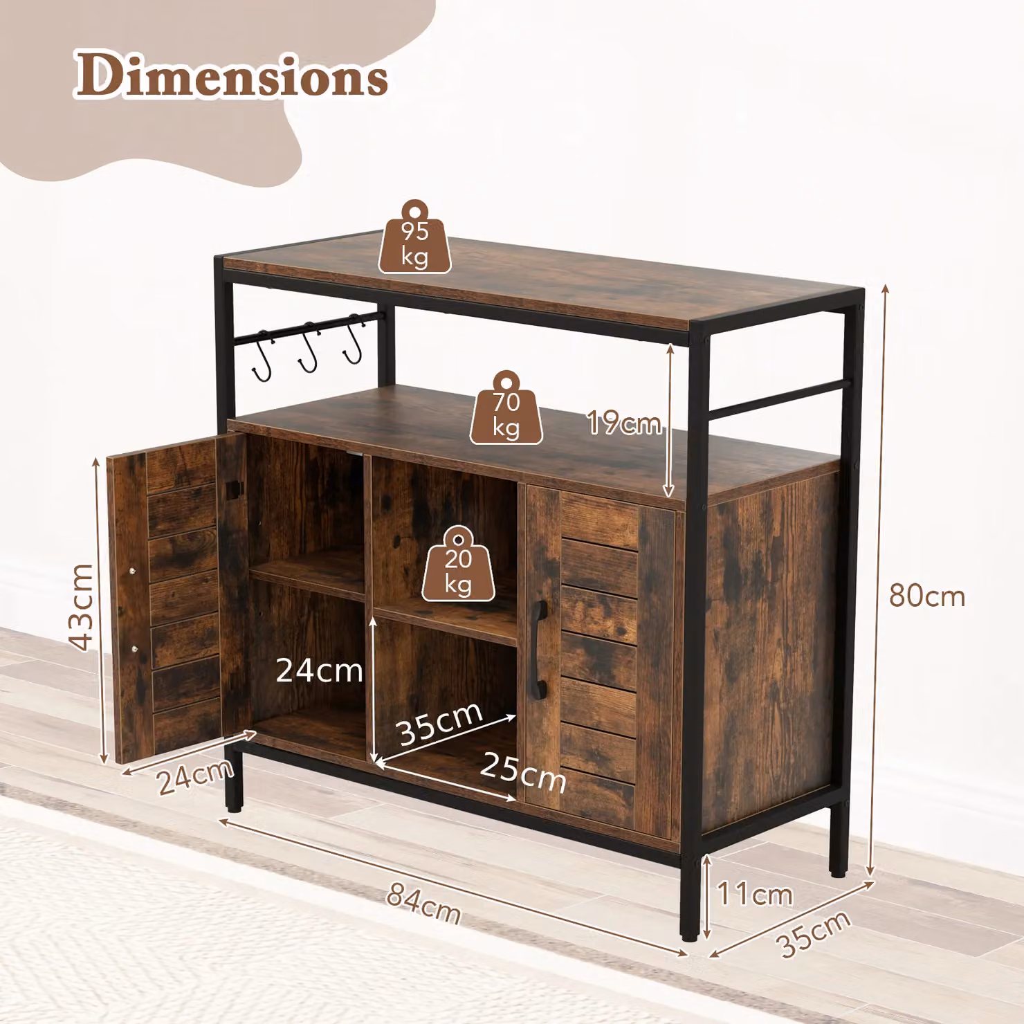 Costway Industrial Buffet Cabinet and Coffee Bar in Brown with 2 Doors and Adjustable Shelves – 2