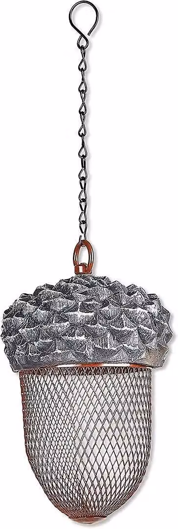 Inspirational Gifting Silver Hanging Acorn Bird Feeder with Metal Wire Mesh for Peanuts or Seeds – 3