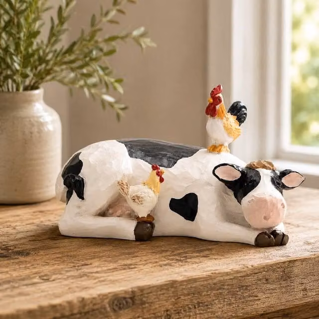 Country Living Rustic Resin Chicken and Cow Tabletop Ornament in White and Black